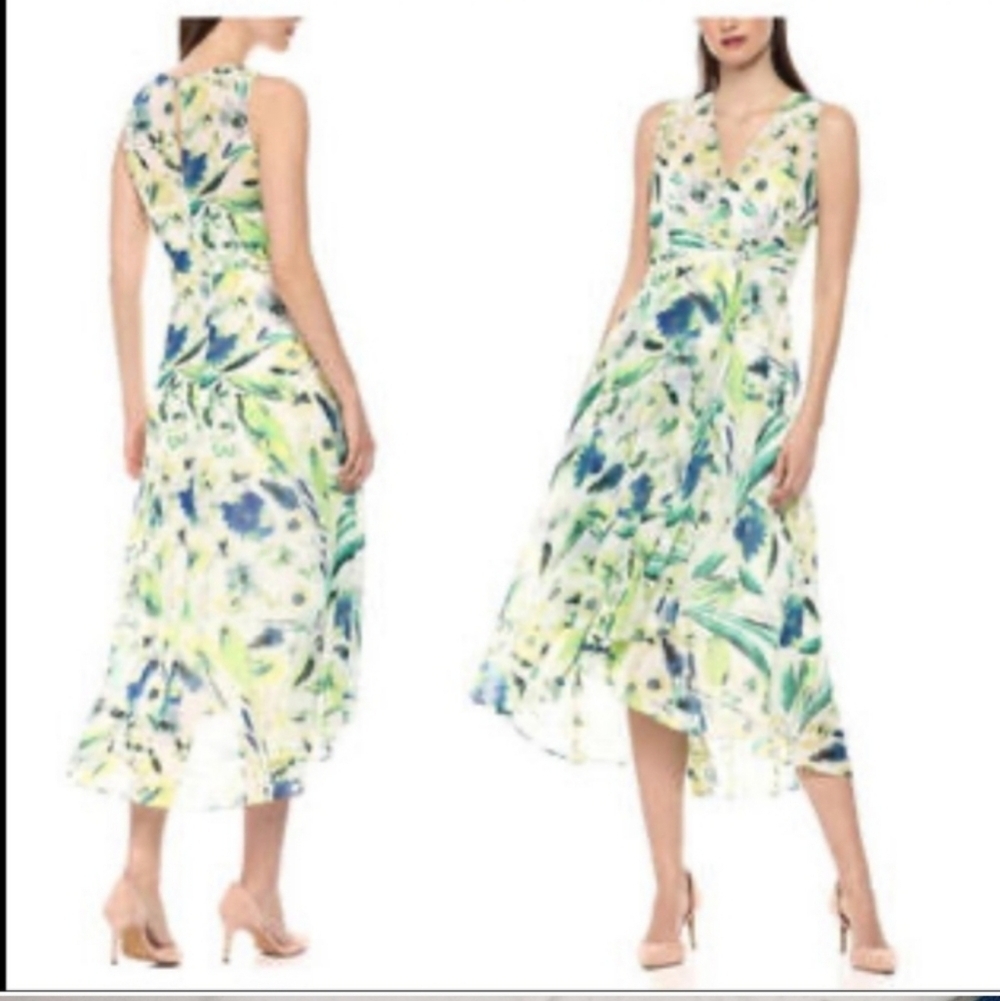 Calvin Klein Tropical Green and Blue Floral Hi-low Dress size 10